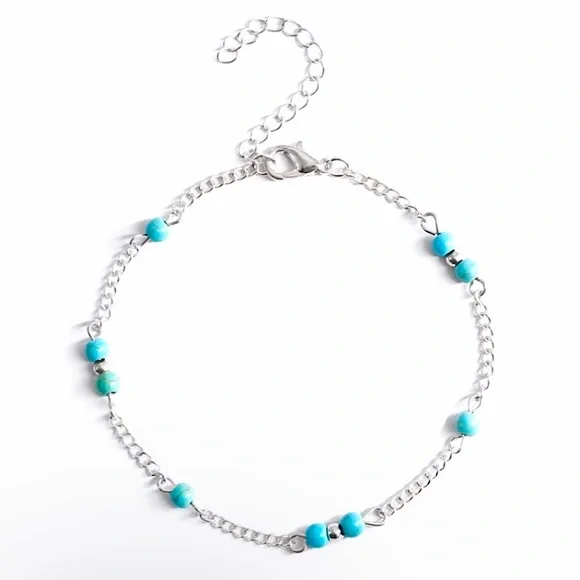 💜10/$25💜NEW Turquoise & Silver Beaded Bohemian Anklet - Picture 6 of 8